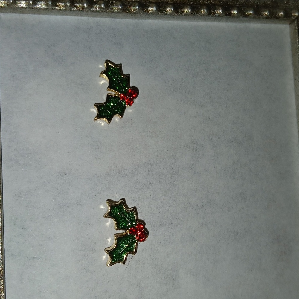 Goldtone Christmas Holly Glitter Red Bead Earrings